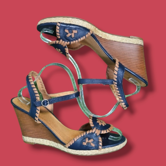 JACK ROGERS | CLARE GENUINE LEATHER CLASSIC RONDELLE MEDALLION WEDGE SANDALS - Picture 1 of 16